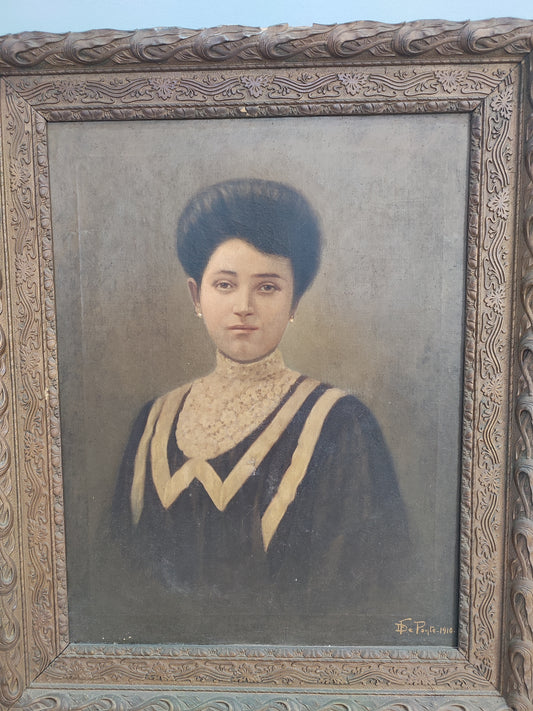 72709 Quadro ritratto donna, olio su tela, De Ponte, 1910