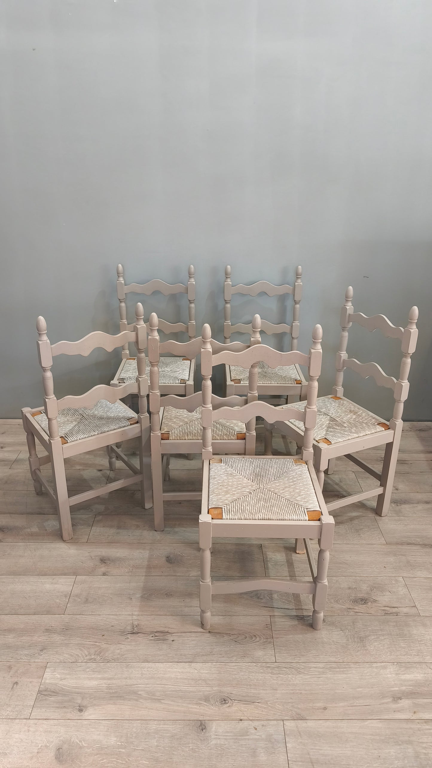 77878 Set n 6 sedie grigie in legno con seduta in paglia