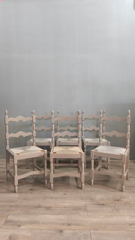 77878 Set n 6 sedie grigie in legno con seduta in paglia