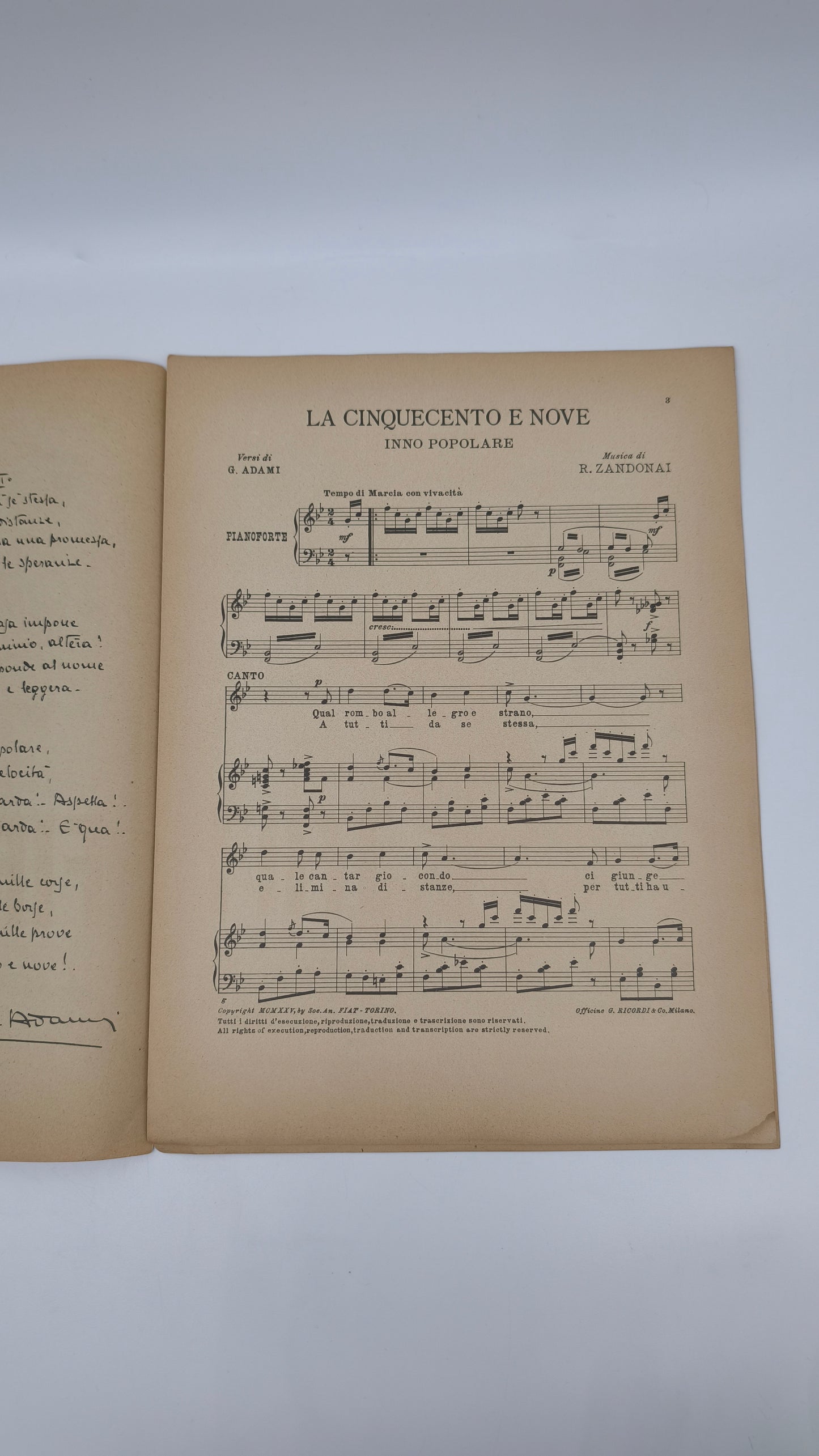 78508 Spartito musicale FIAT 509, La Cinquecentonove, Inno popolare, di G. Adami e R. Zandonai, 1925