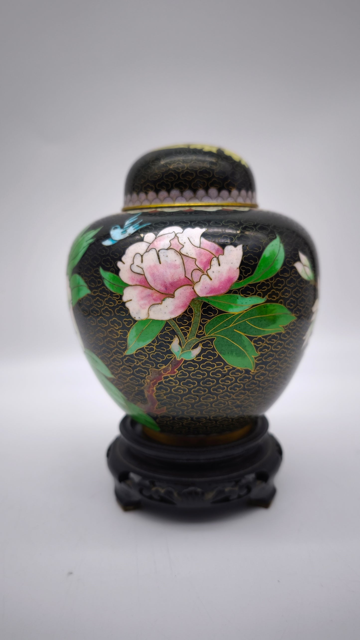 81612-2 Potiche cloisonné con base in legno nero