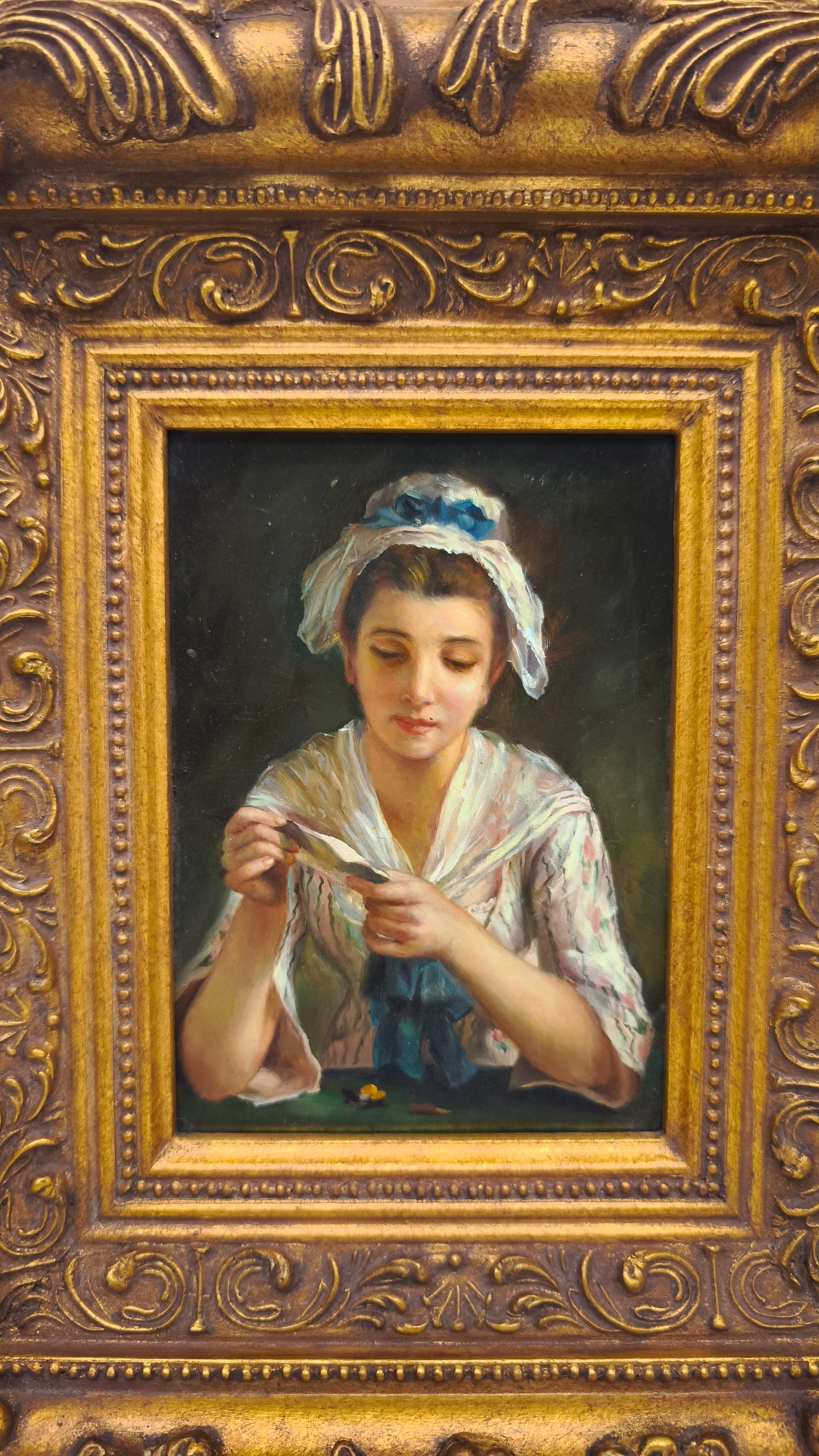 81841 Quadro dipinto a olio con cornice dorata lavorata