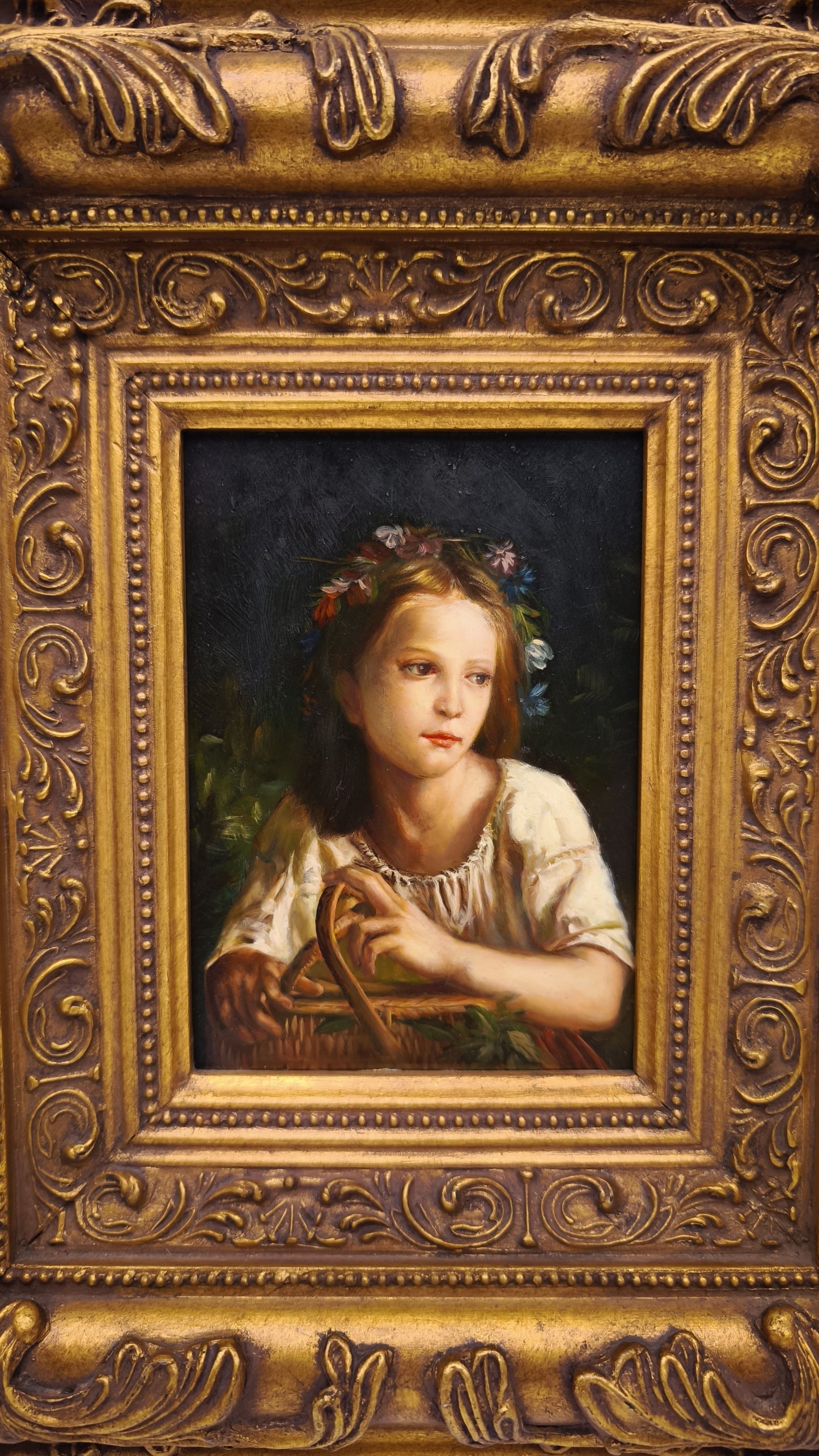 81841-2 Quadro dipinto a olio con cornice dorata lavorata