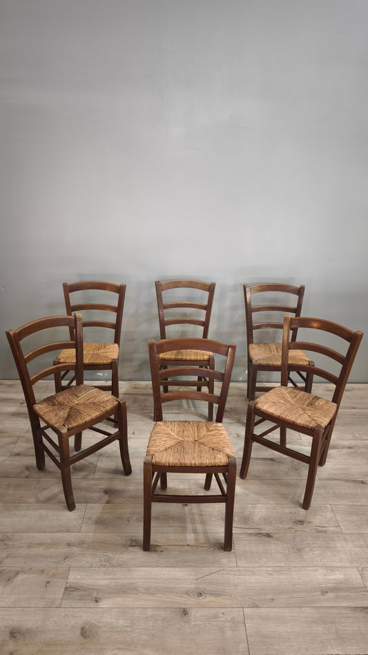 89778 Set n 6 sedie con struttura in legno e seduta in paglia