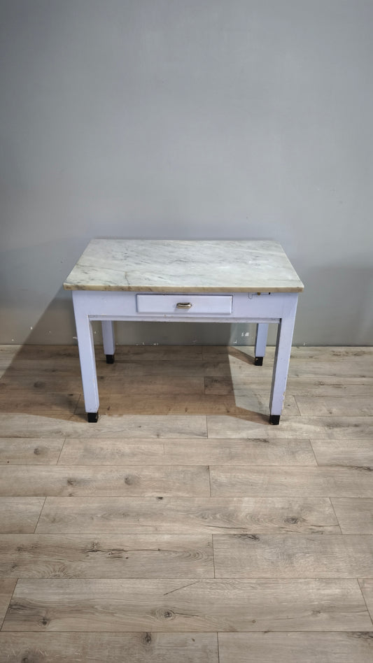91733 Tavolo anni '60 con piano in marmo e base azzurra