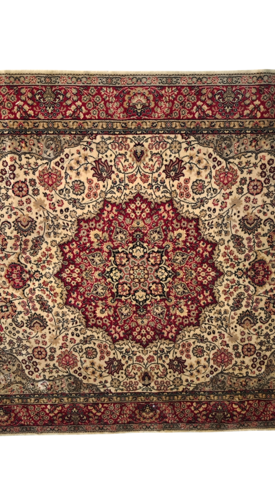 77501 Tappeto rosso e beige con decorazione a motivo floreale