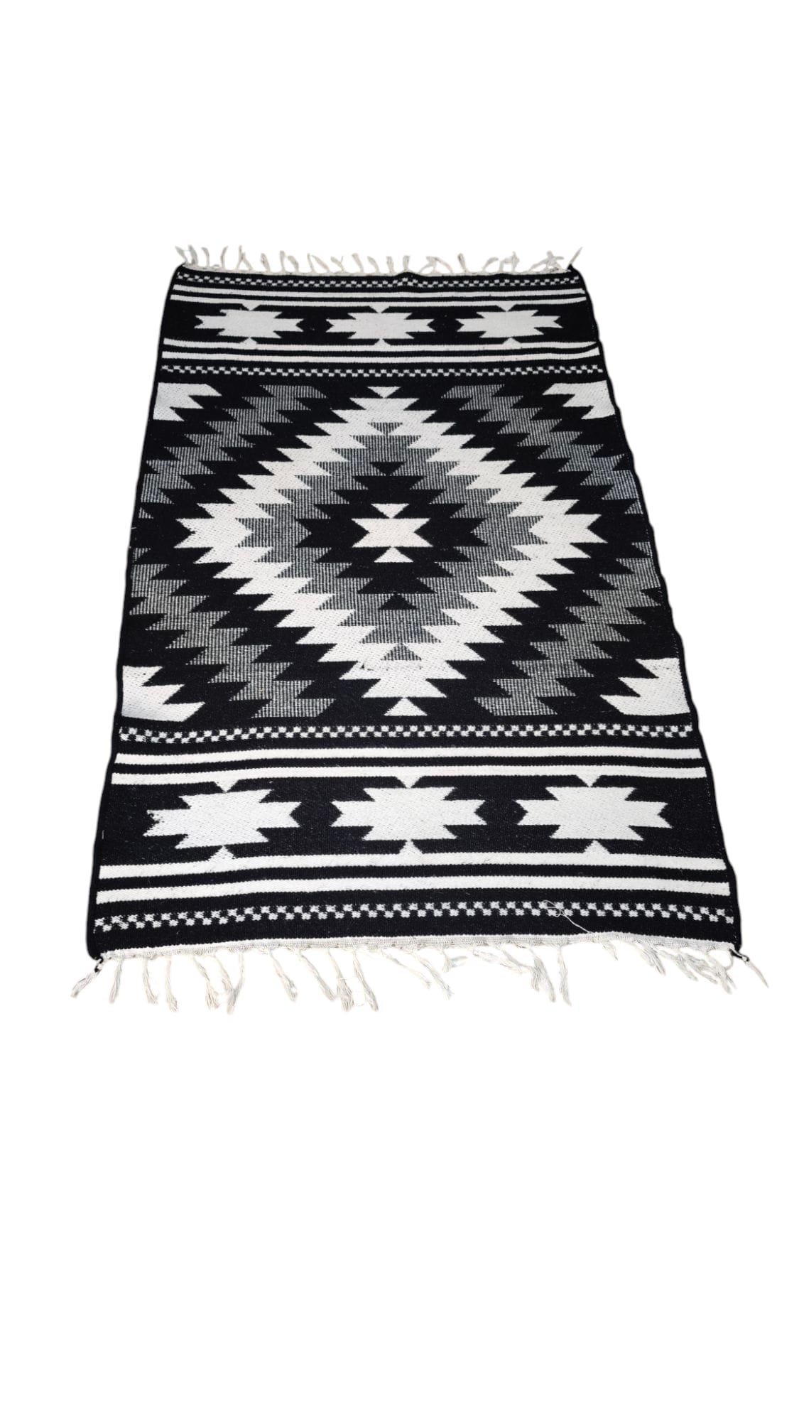 79380 Tappeto in lana bianco e nero con decorazione geometrica