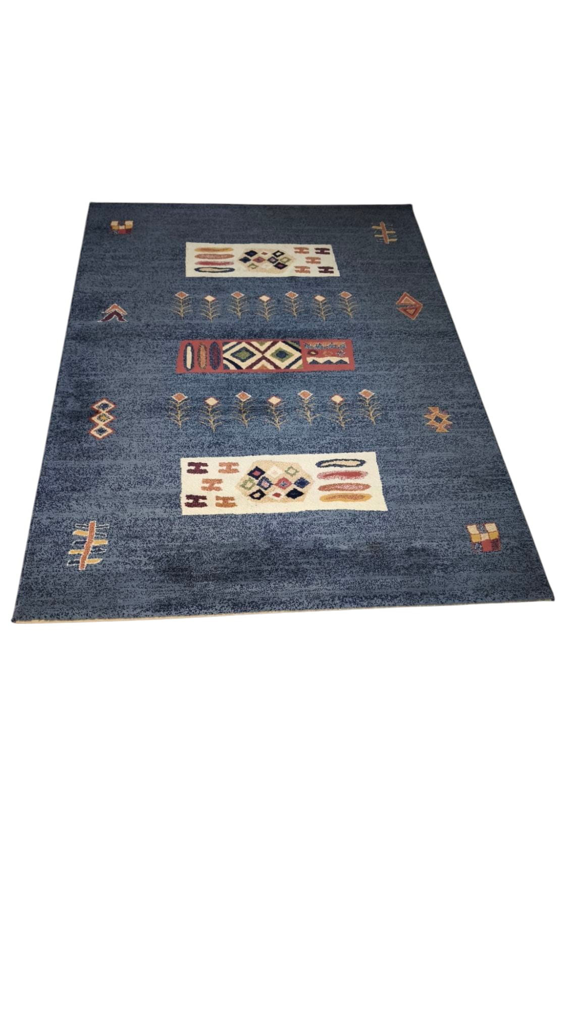 79382 Tappeto moderno grigio e blu con decorazione a motivo floreale