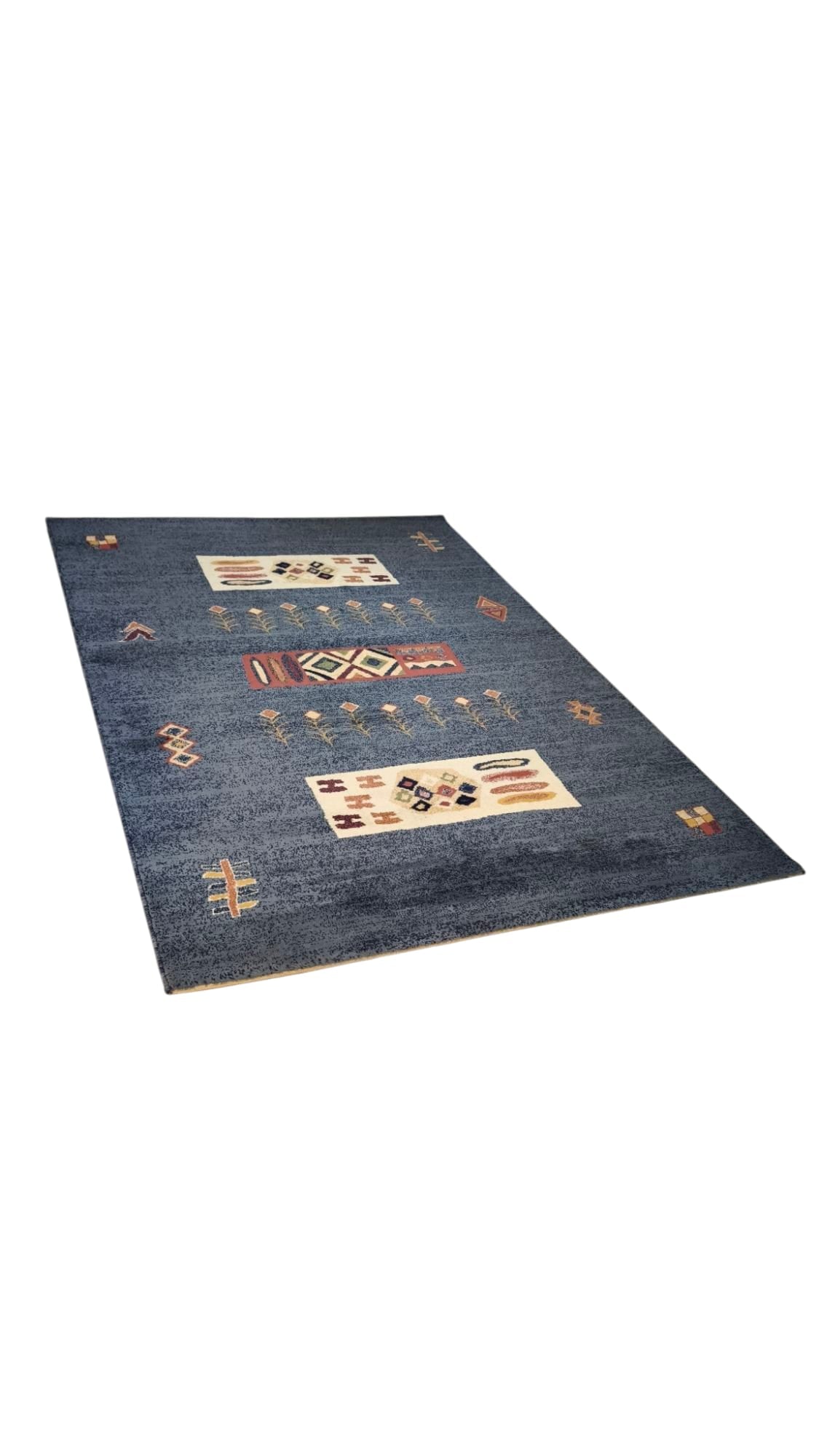 79382 Tappeto moderno grigio e blu con decorazione a motivo floreale
