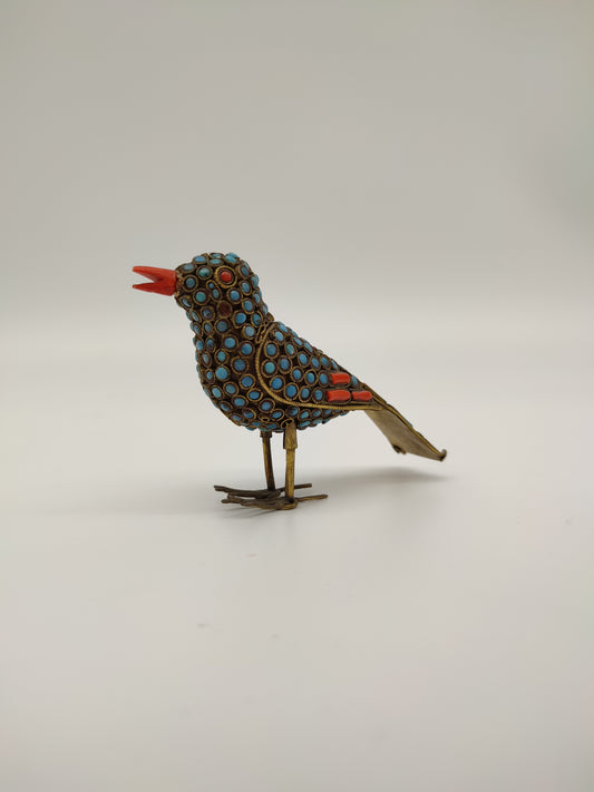 61671 Uccello cloisonné in ottone con decorazioni in turchese e corallo