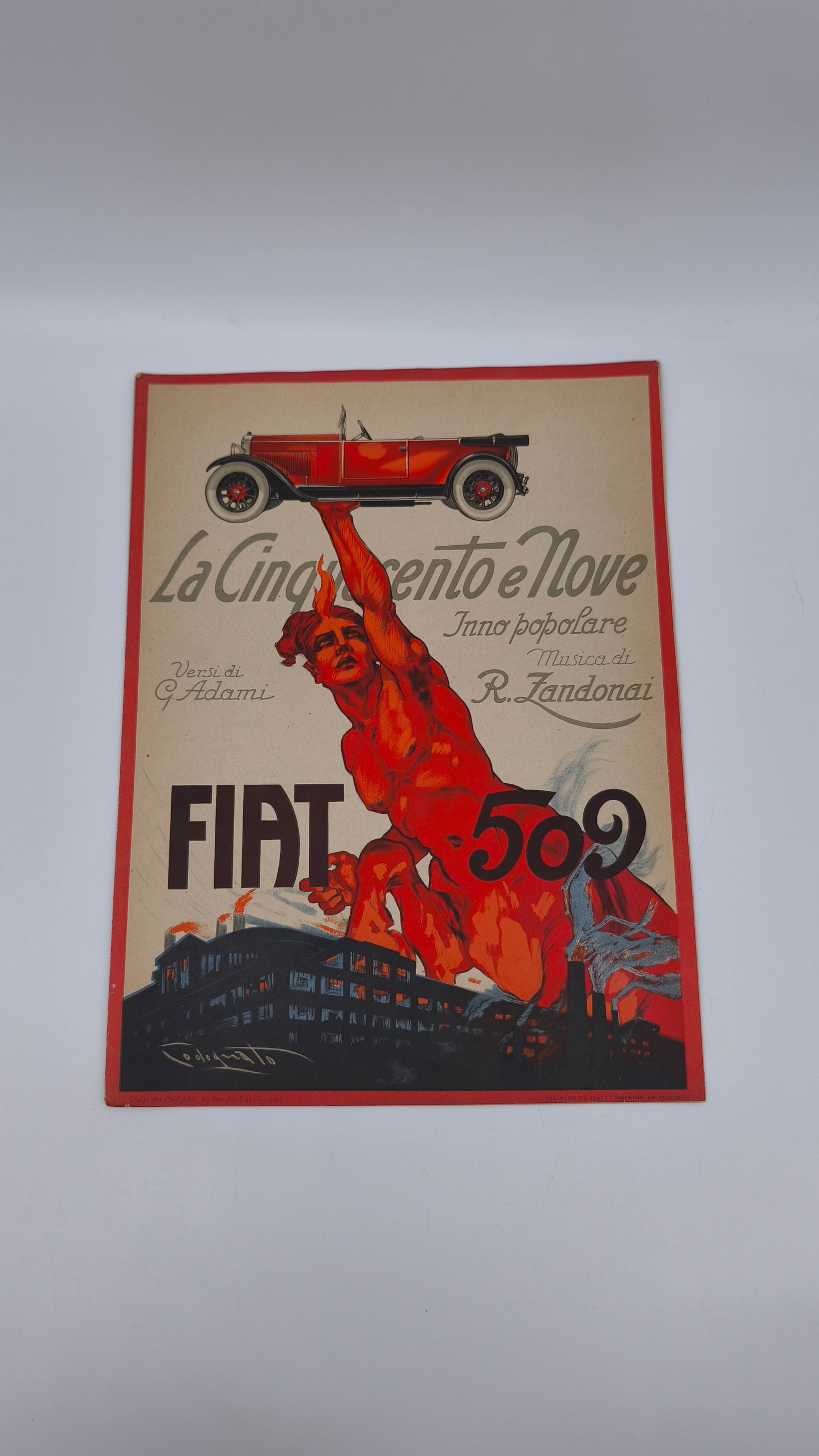 78508 Spartito musicale FIAT 509, La Cinquecentonove, Inno popolare, di G. Adami e R. Zandonai, 1925