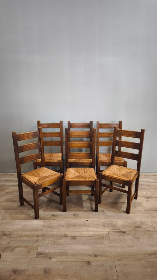 80268 Set n 6 sedie in legno con seduta in paglia