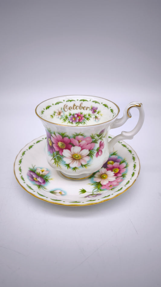 81334 Tazzina da caffè con piattino in ceramica Royal Albert, Flower of the month series, October, Cosmos