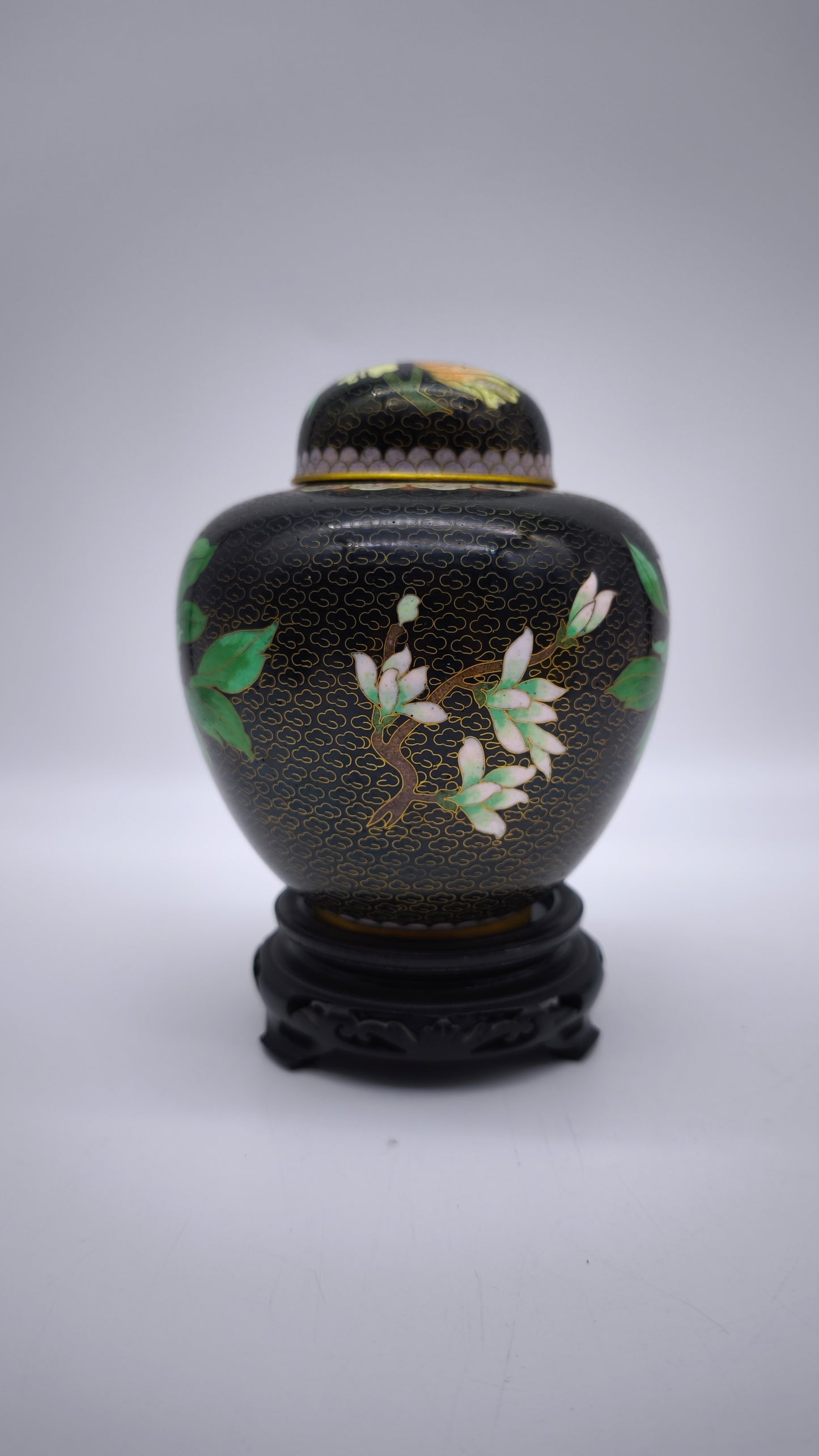 81612 Potiche cloisonné con base in legno nero