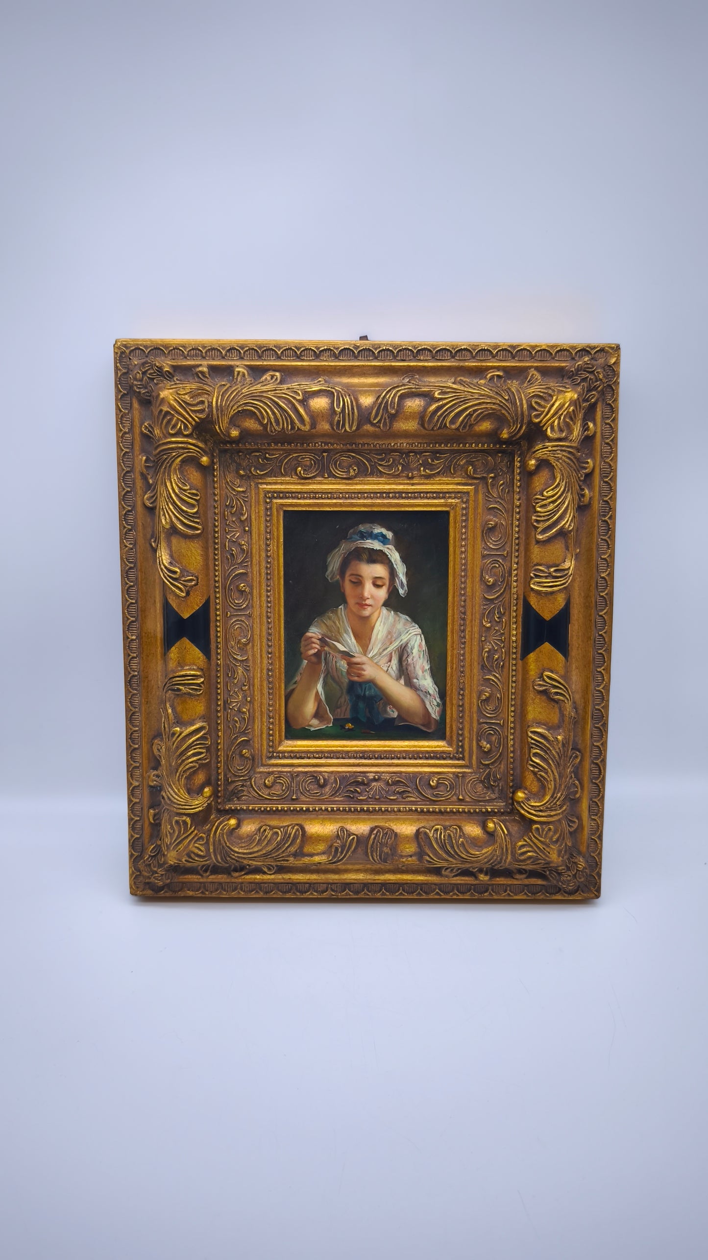 81841 Quadro dipinto a olio con cornice dorata lavorata