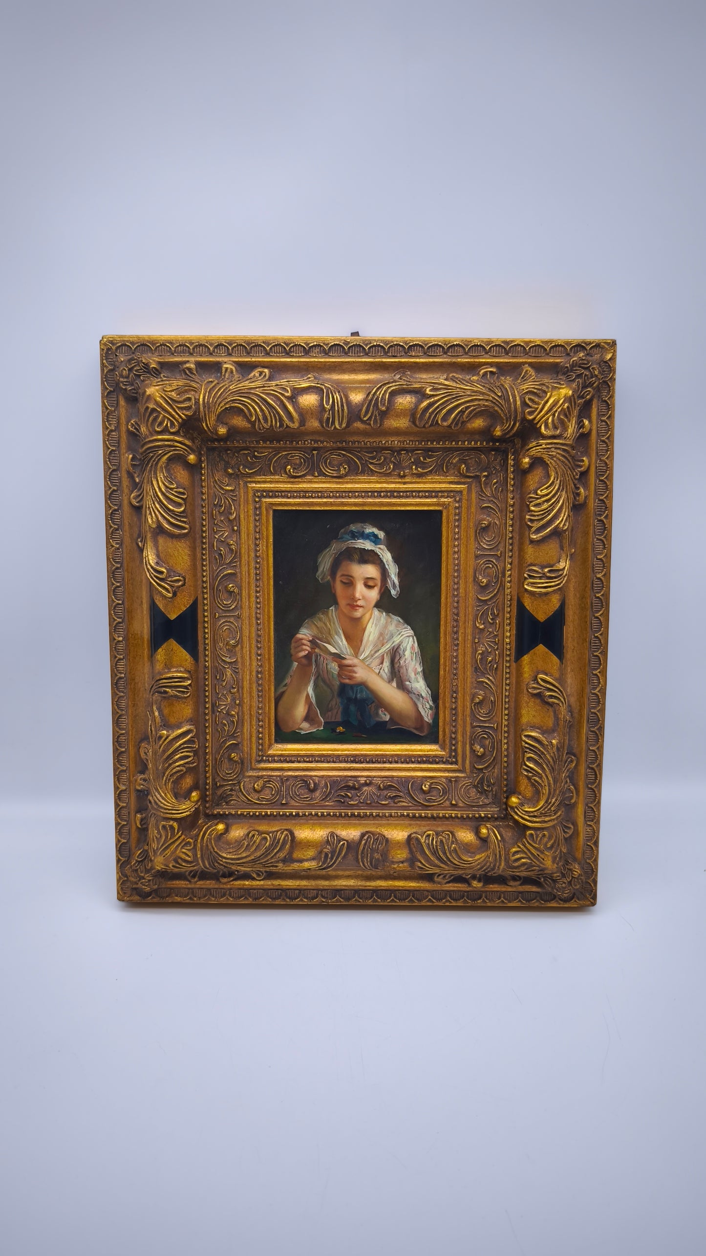 81841 Quadro dipinto a olio con cornice dorata lavorata