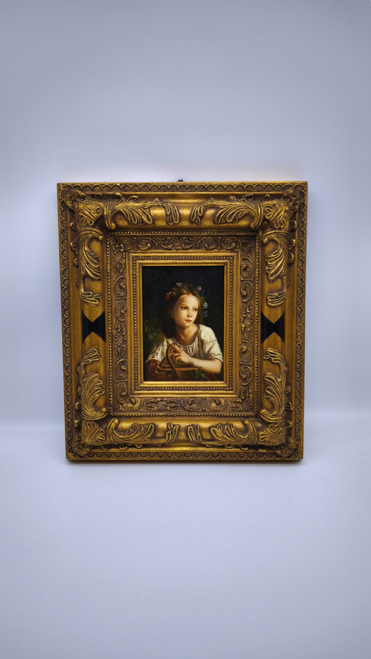 81841-2 Quadro dipinto a olio con cornice dorata lavorata