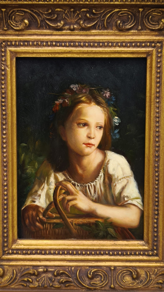 81841-2 Quadro dipinto a olio con cornice dorata lavorata