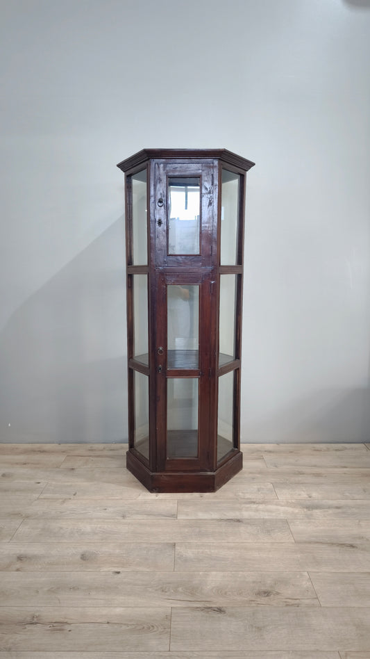 Vetrina esagonale in legno e vetro