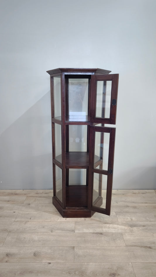 Vetrina esagonale in legno e vetro