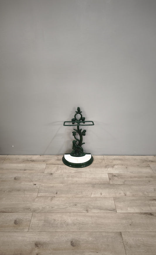 84210 Porta ombrelli in ghisa smaltata bianca e verde con statuina cane