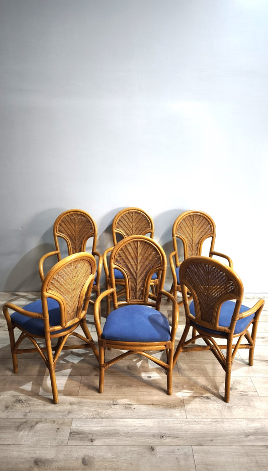 84226 Set n 6 sedie in bambù con seduta blu