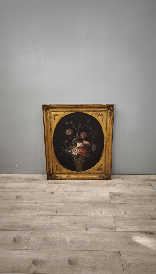 84741 Quadro dipinto con fiori e cornice in legno dorato lavorato