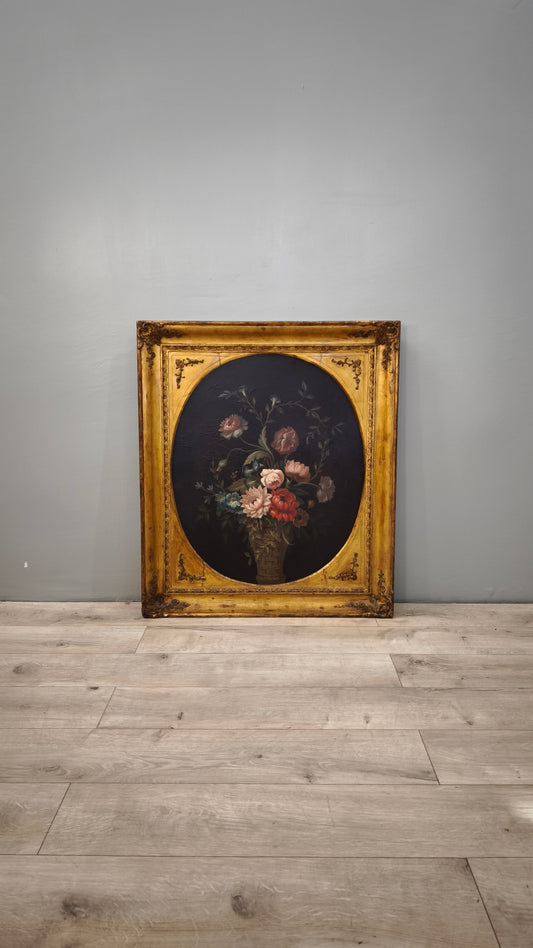 84741 Quadro dipinto con fiori e cornice in legno dorato lavorato