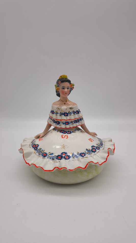 85231 Scatola in ceramica con statuina dama (blu), G. Girardi, anni '50