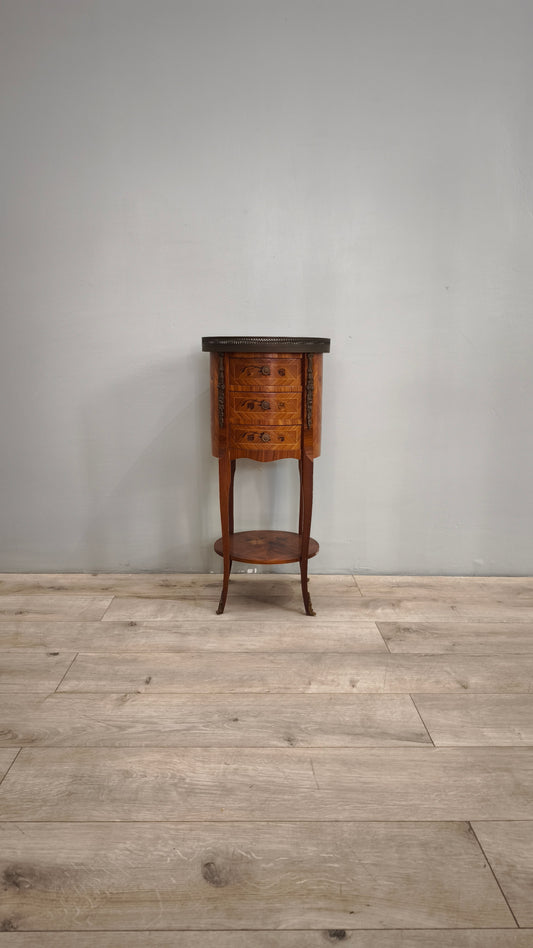 87111 Mobiletto in legno intarsiato rotondo con cassettini