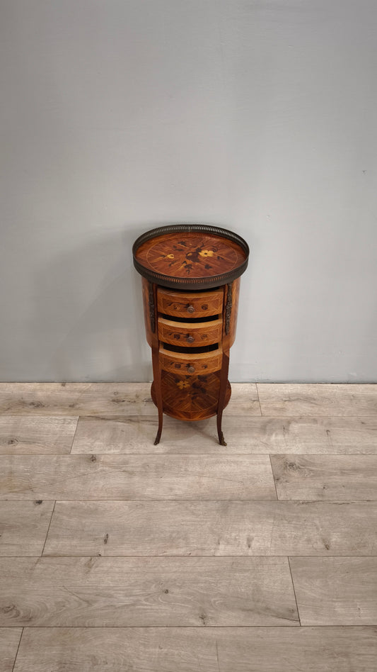 87111 Mobiletto in legno intarsiato rotondo con cassettini