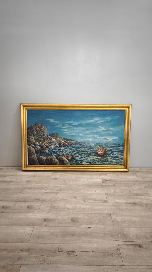 88265 Quadro dipinto su tela pescatore su scogliera