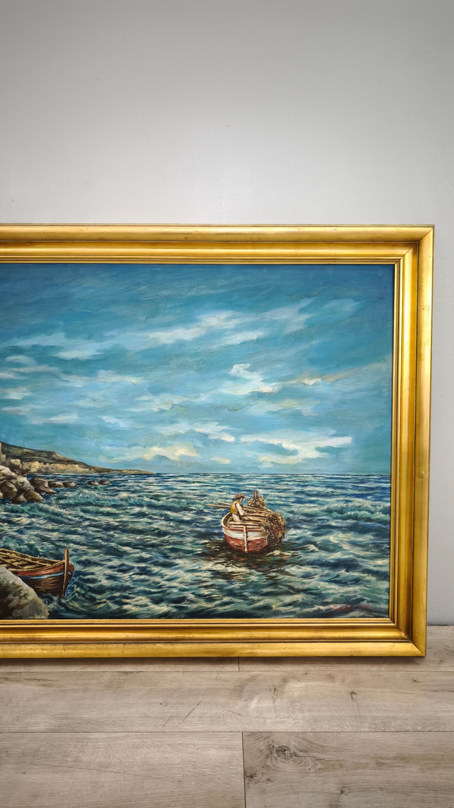 88265 Quadro dipinto su tela pescatore su scogliera