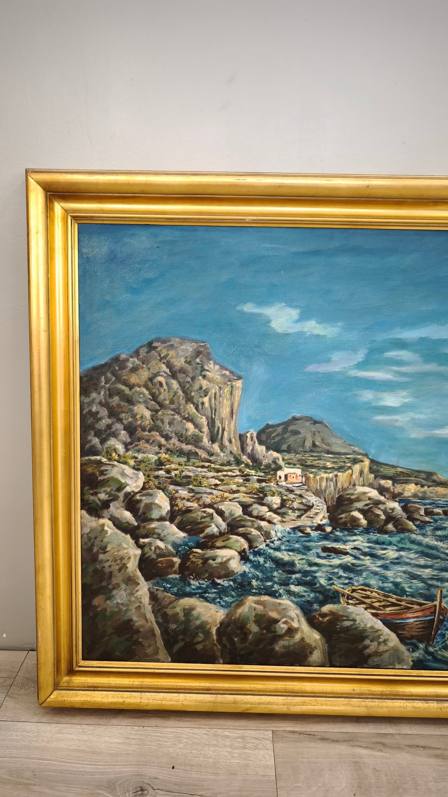 88265 Quadro dipinto su tela pescatore su scogliera