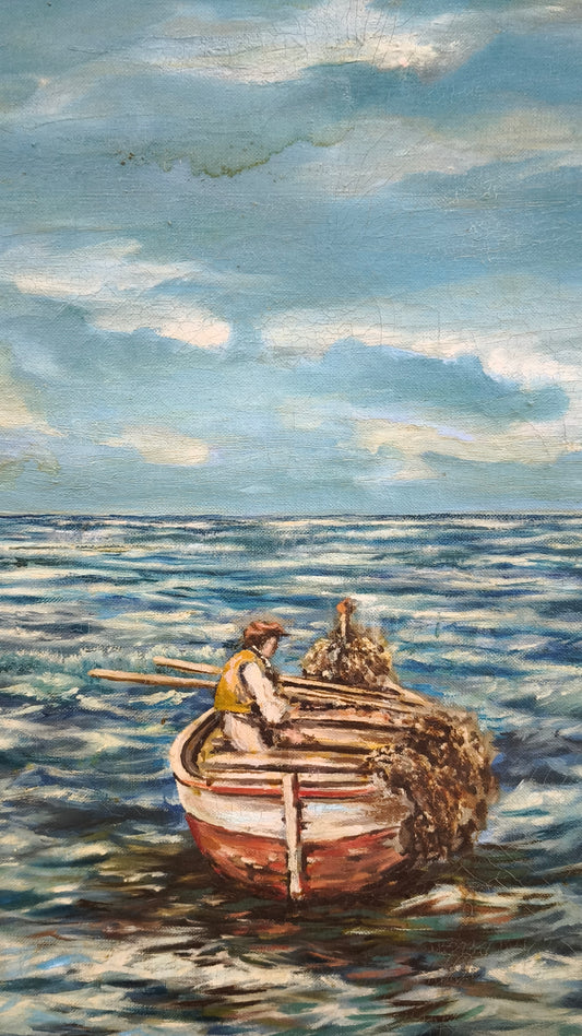 88265 Quadro dipinto su tela pescatore su scogliera