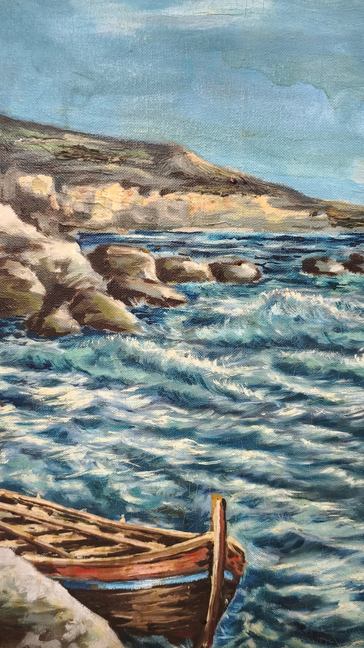 88265 Quadro dipinto su tela pescatore su scogliera