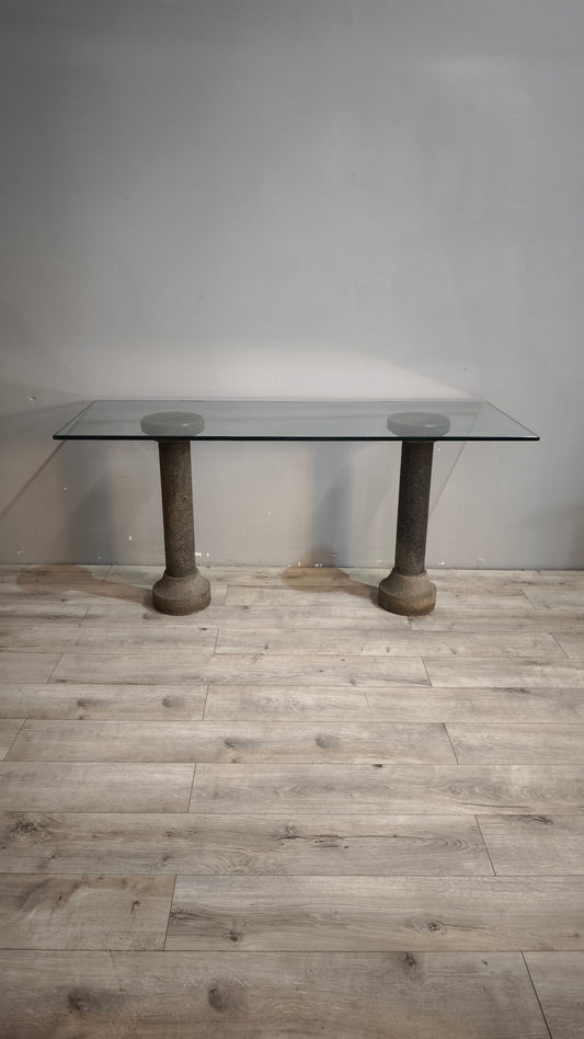 88621 Console con piano in cristallo e colonne in pietra