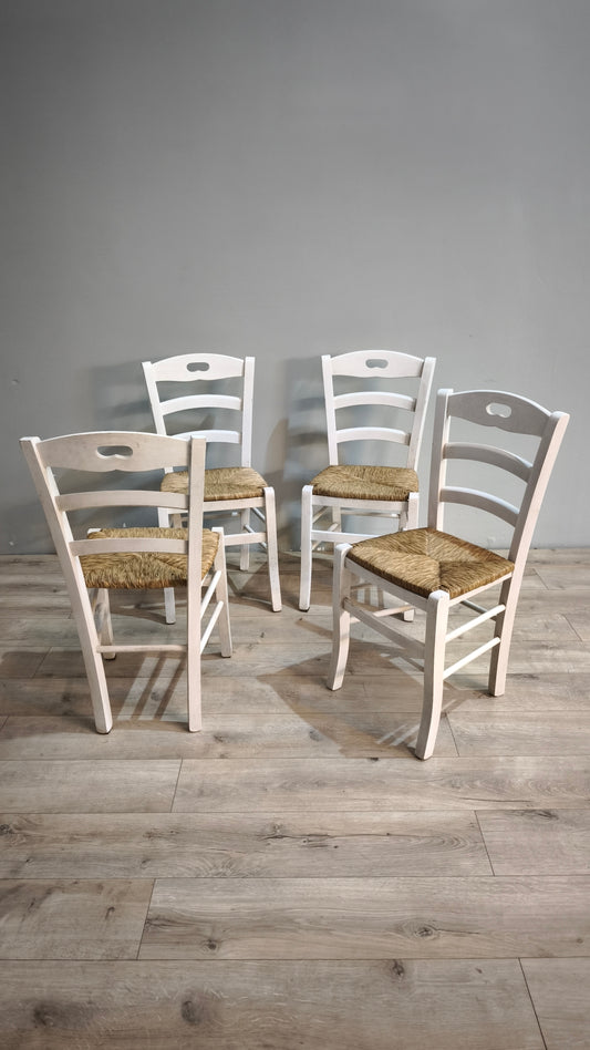 88707 Set n 4 sedie con struttura bianca in legno e seduta in paglia