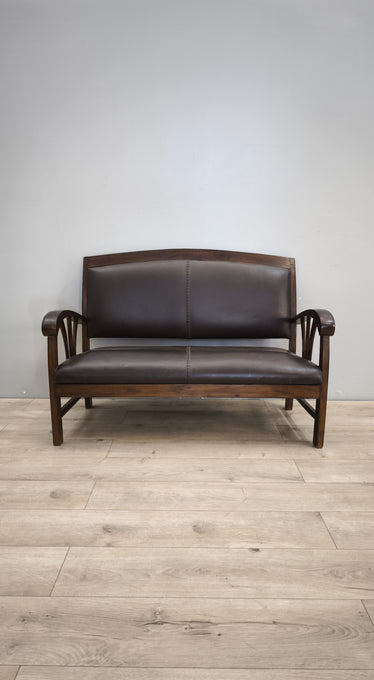 89144 Divanetto in legno e pelle marrone