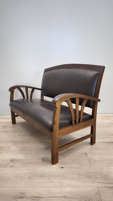 89144 Divanetto in legno e pelle marrone