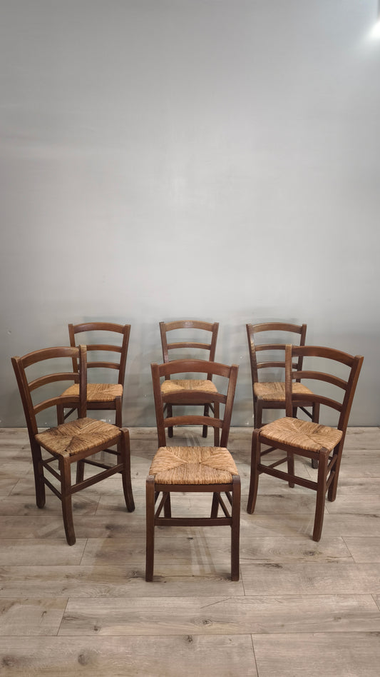 89778 Set n 6 sedie con struttura in legno e seduta in paglia