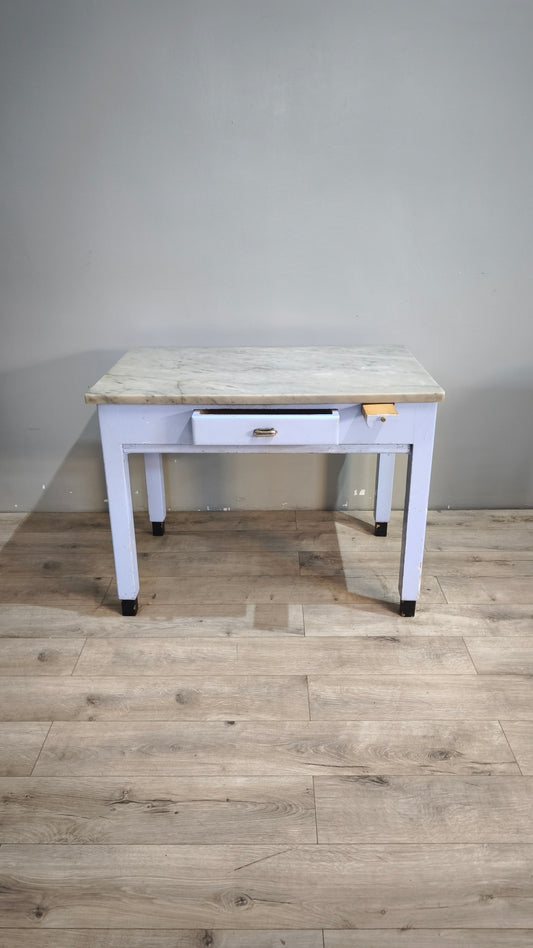 91733 Tavolo anni '60 con piano in marmo e base azzurra