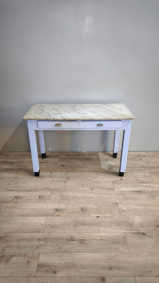 91734 Tavolo anni '60 con piano in marmo e base azzurra