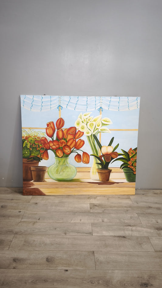 90960 Quadro dipinto su tela, vasi di fiori