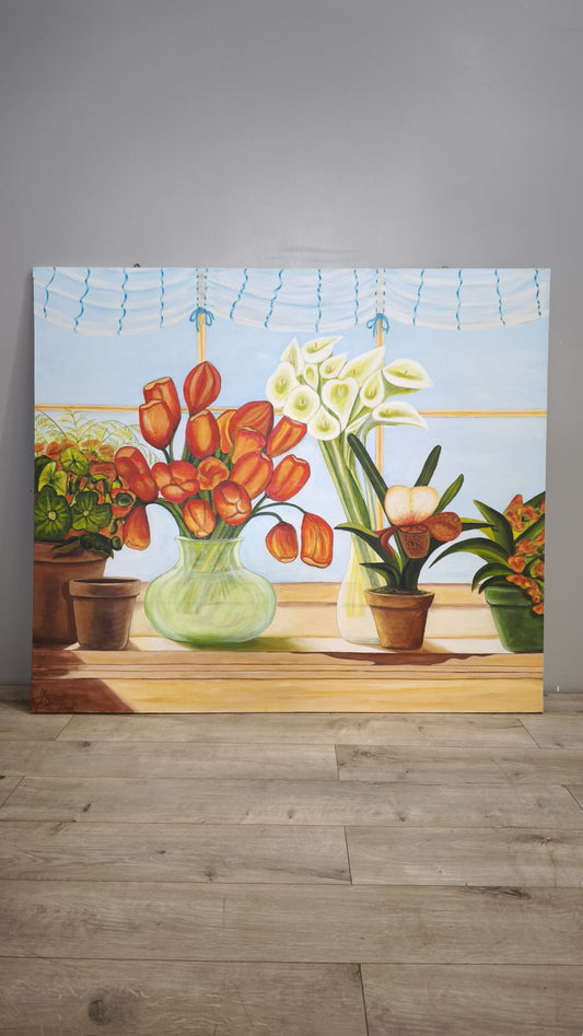 90960 Quadro dipinto su tela, vasi di fiori