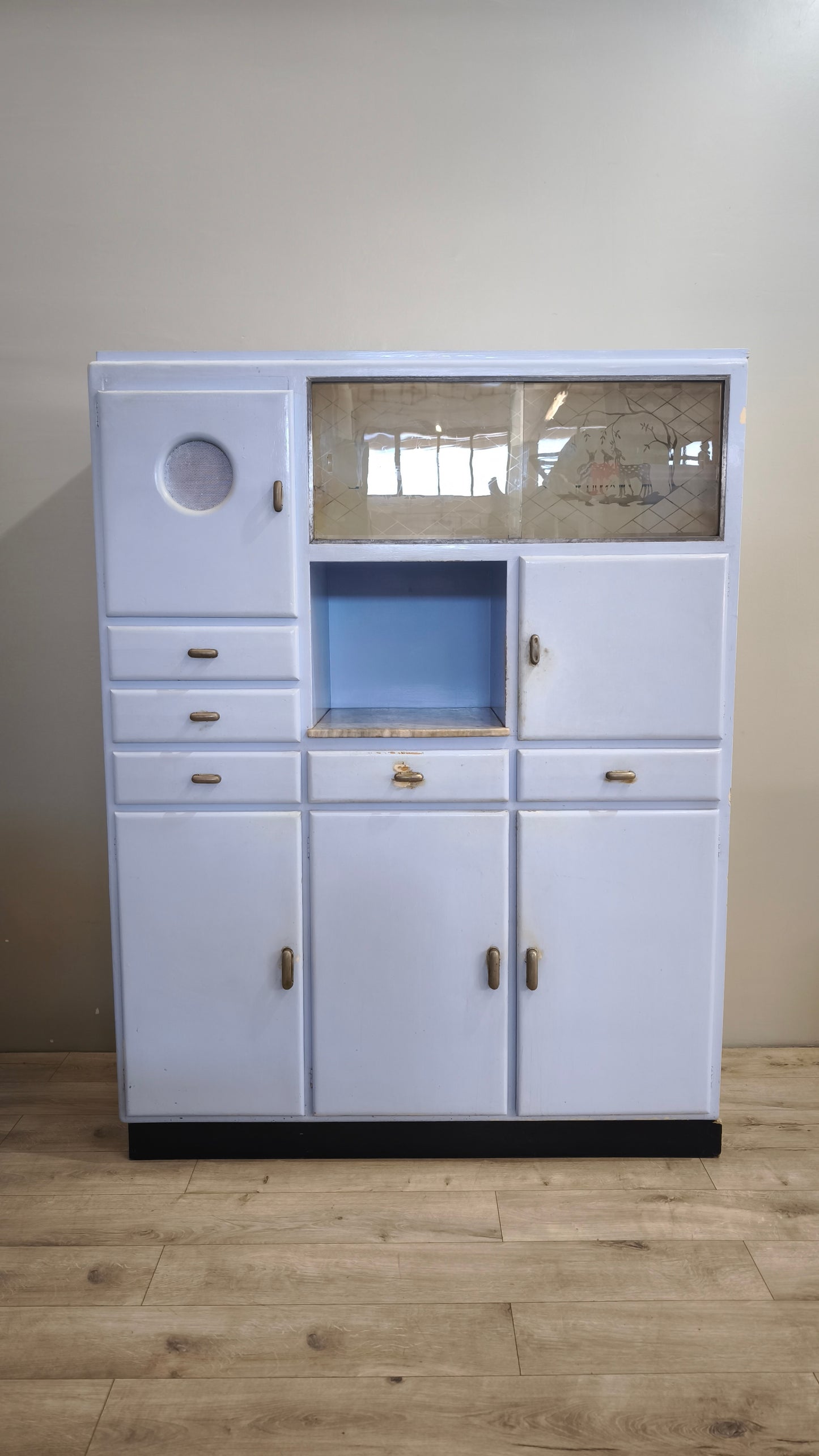 129 Credenza anni '50 celeste con piano in marmo
