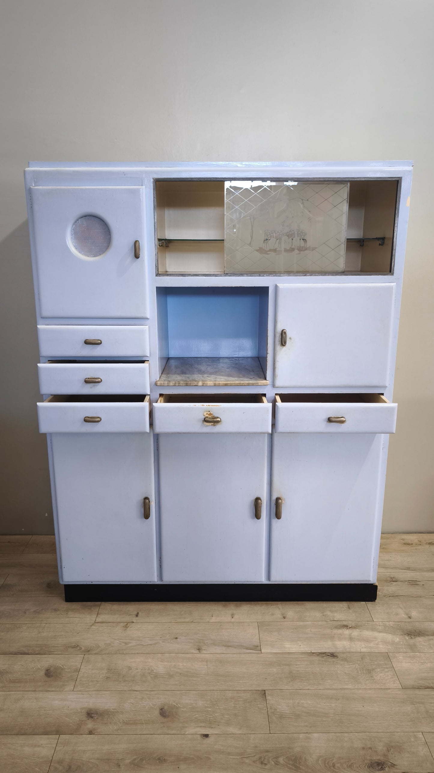 129 Credenza anni '50 celeste con piano in marmo