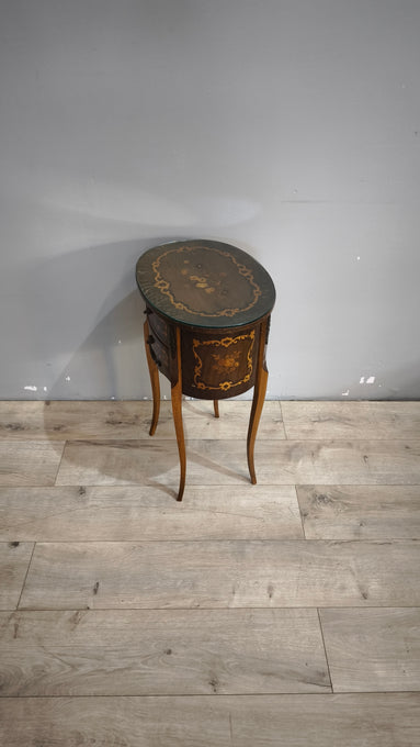91438 Comodino in legno intarsiato con due cassetti frontali