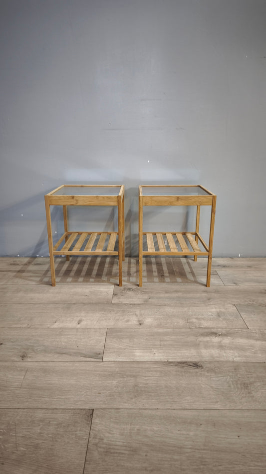91748 Coppia di comodini Ikea in legno con piano in vetro