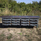 Bancone industriale vintage in legno con piano rivestito in ferro con 12 cassetti